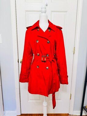 LAUREN RALPH LAUREN RED DOUBLE BREASTED TRENCH COAT WITH BELT LARGE